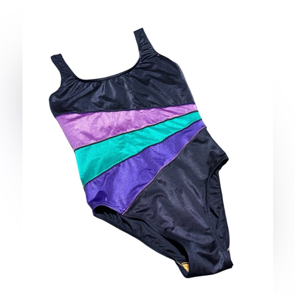90's Swimsuit Blue Purple Green Stripes One Piece Size 12 Body ID Sexy Vintage